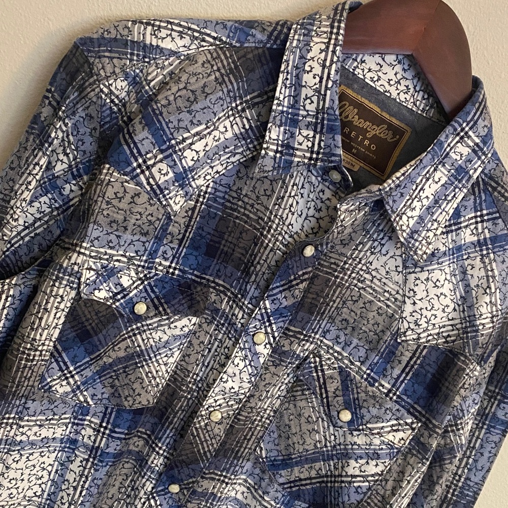 Wrangler Retro Men's Blue & Gray Pattern  Pearl Snap Long Sleeve Shirt M MVR301M